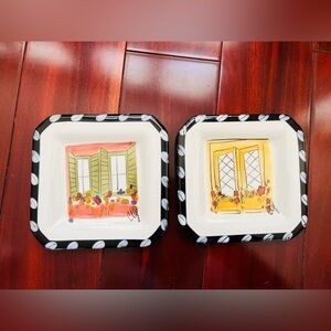Two Vintage Carrie Olson Garrard Bistro Bouteillas  Hand Painted Plates 6 X 6